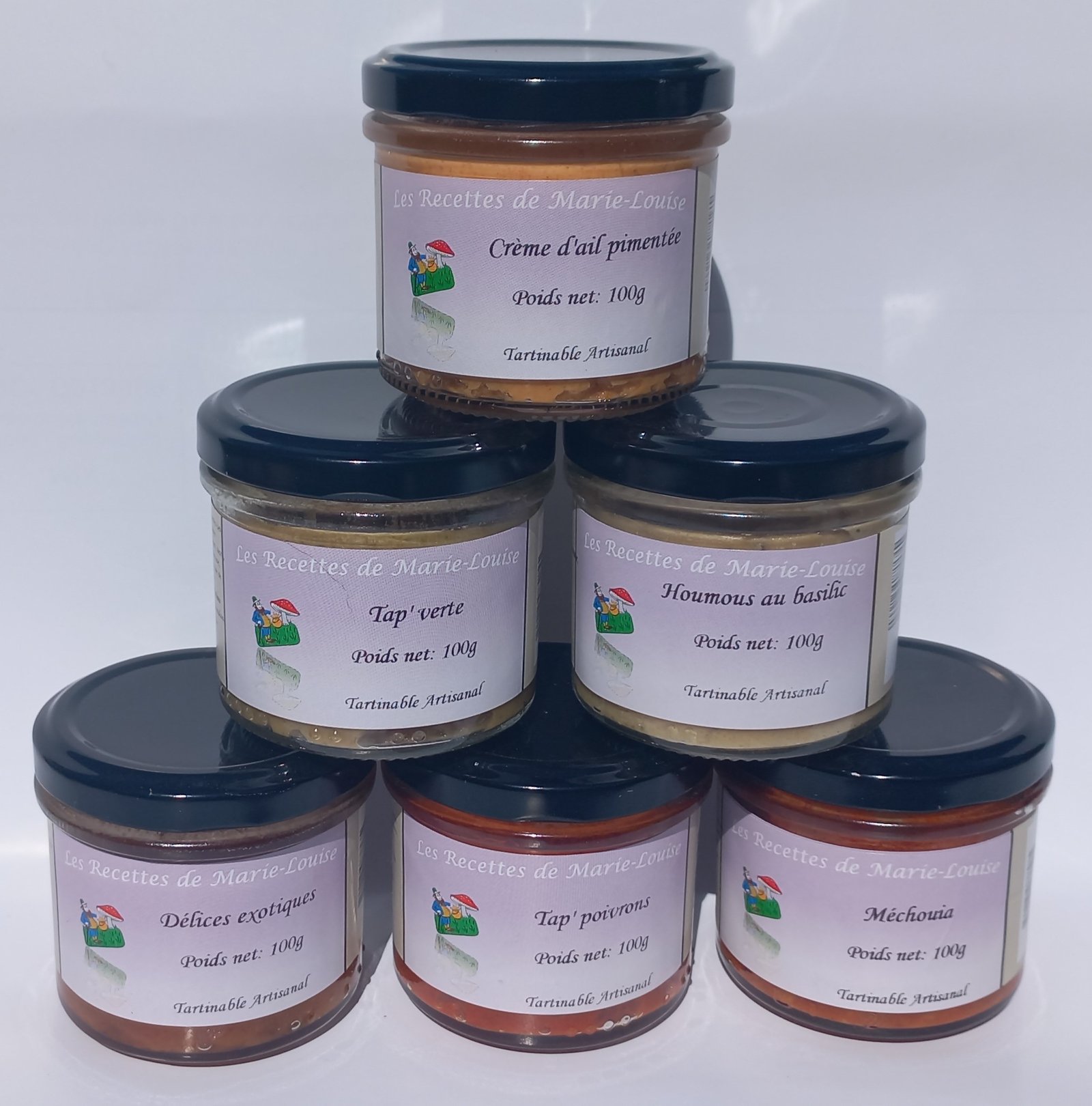 Nos tartinables : Tartinables crème d'ail pimentée, tapenades verte, tartinable houmous au basilic, la méchouia, poivrons, la tap' tomates, la tap' kémia, délices exotiques